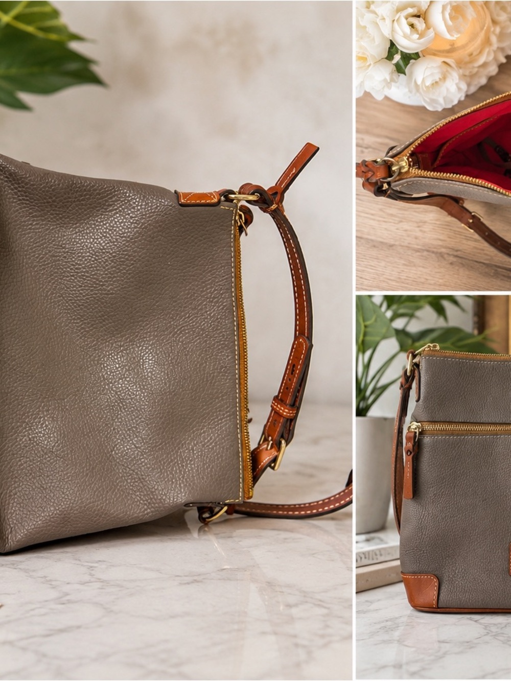 Taupe Leather Crossbody Bag with Tan Trim